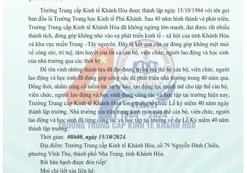  Thư mời dự lễ 40 năm thành lập Trường Trung cấp Kinh tế Khánh Hòa